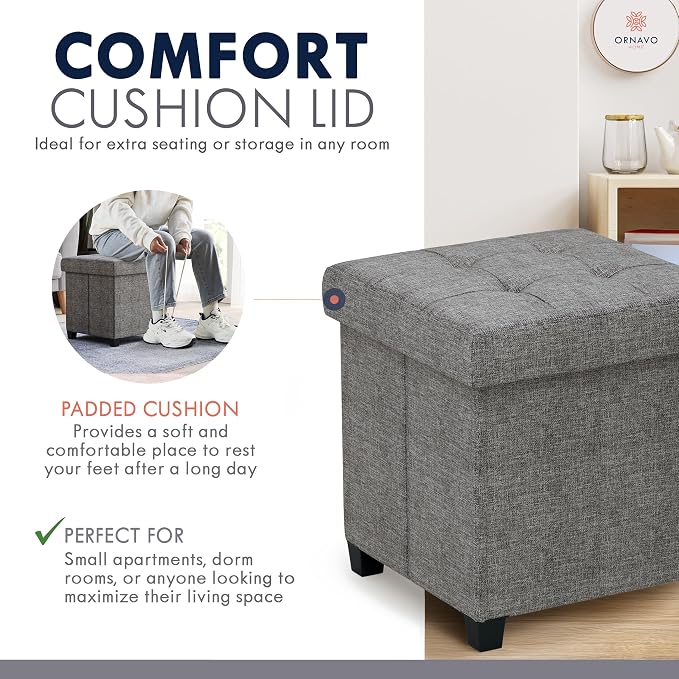 Ornavo Home Storage Ottoman with Legs, Square Cube Foot Rest Stool Seat, for Living Room, Bedroom, Home Office, Dorm - 15 x 15 x 15, Dark Gray