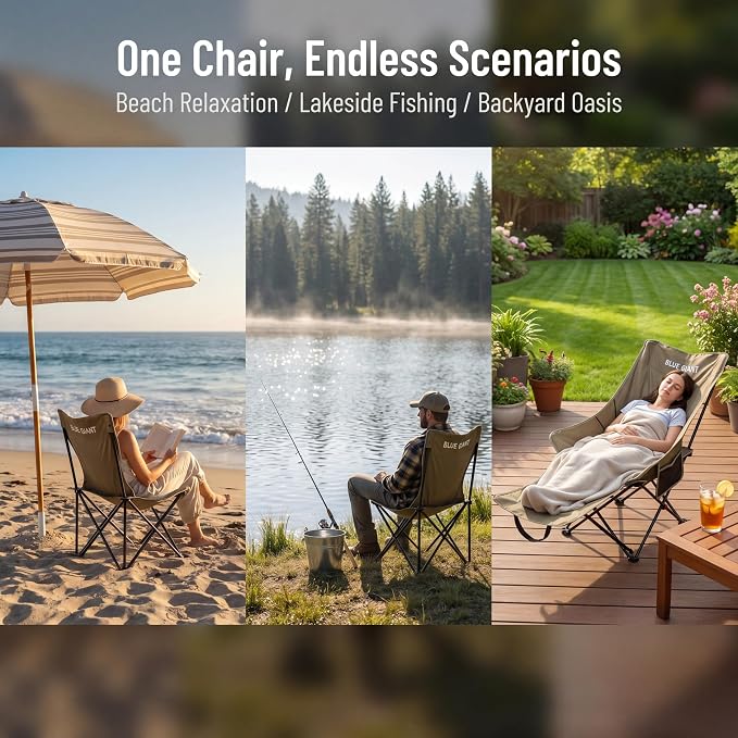 Portable Folding Camping Chair with Detachable Footrest, Adjustable Reclining Lounge Chair, Metal, with Side Pocket, for Beach, Patio, Fishing, Office Nap