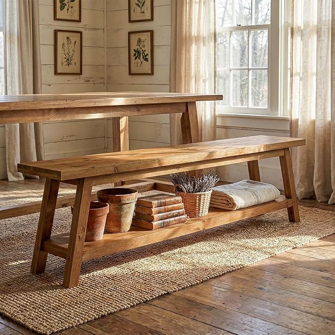 63” Wood Dining Room Bench, Farmhouse Kitchen Bench with Storage Shelf, Solid Wood Rusit Backless Bench for Dining Table, Extra Long Seating for Kitchen Room