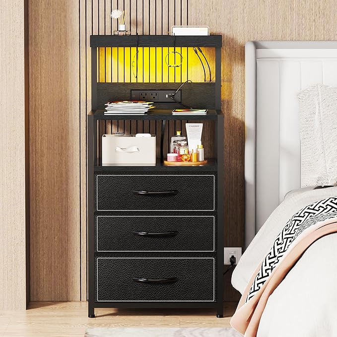 SZLHANJZ Night Stand Set 2 with LED Lights, Bedroom Nightstands with Power Outlet and Type C Port, Bed End Tables with 3 Fabric Drawers, Matching Bedside Tables with Hooks and Shelves, Black