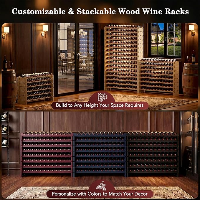 96 Bottles Stackable Modular Wine Rack, 8-Tier Wooden Wine Storage Rack Freestanding Wine Holder Display Shelves, Wobble-Free Shelves, Solid Wood