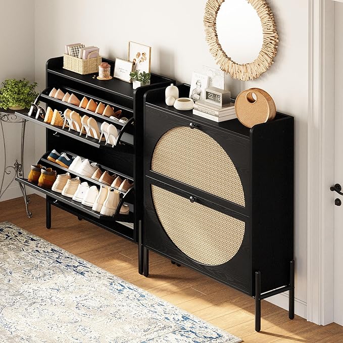 IRONCK Shoe Cabinet Storage with 2 Flip Drawers, Free Standing Wooden Shoe Storage Organizer Cabinet with Rattan Doors for Entryway, Narrow Shoe Rack Cabinet, Black