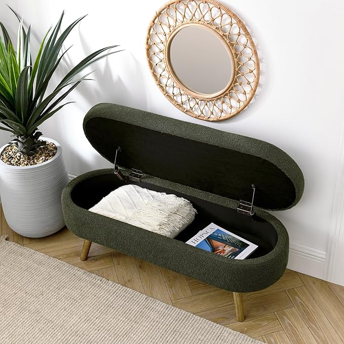 43.5" Ottoman with Storage, Storage Ottoman Bench with Safety Hinge, Foam End of Bed Bench, Upholstered Entryway Bench for Bedroom, Living Room & Window, Holds up to 330 lb, Green