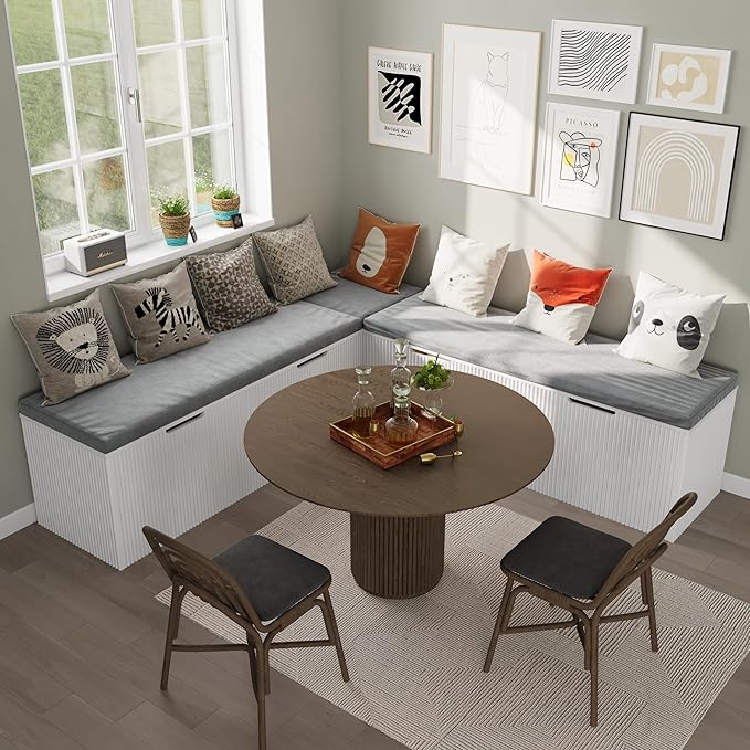 Bobve L-Shape Storage Bench with Cushion, Backless Corner Dining Bench, Kitchen Dining Nook Bench with Hidden Storage for Dining Room, Kitchen, Entryway (White)