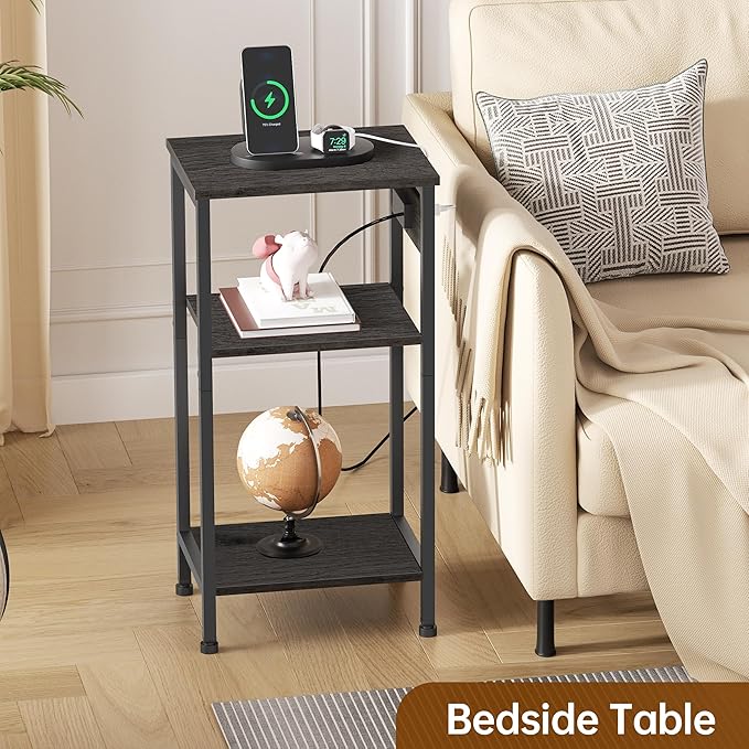 Asgolion Tall End Table with Charging Station, 3 Tier Narrow Beside Table with Adjustable Shelf, Tall Gray Side Table Nightstand for Bedroom, Living Room Coffe Table, Office, Charcoal Grey