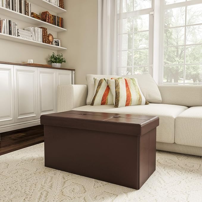 Storage Ottoman - 30-Inch Folding Faux Leather Footrest, Linen Chest, or Bench with Removable Bin for Living Room or Bedroom by Lavish Home (Brown)