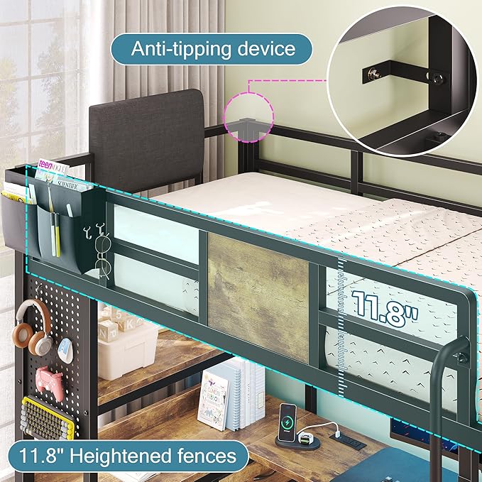busyaeh Twin Loft Bed with Desk and Storage, Metal loft Bed with 5 Drawers and 2 Open Shelves, Heavy Duty Loft Bed Twin Size with LED Lights and Charging Station for Teens Adults, Vintage Brown
