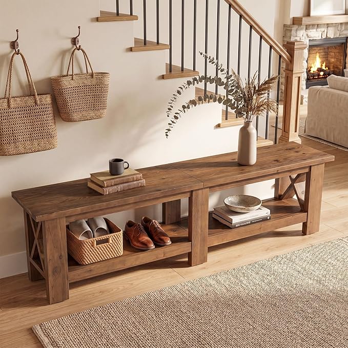 70.87" Solid Wood Entryway Shoe Bench, Extra Long Farmhouse Entryway Bench with Storage for Hallway, End of Bed, Dining Room, Rustic Brown