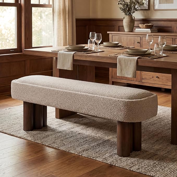 Christopher Knight Home Damas 60.04" Fabric Upholstered Dining Bench, Wooden Entryway Bench, Long Sofa Footstool for Living Room, Bedroom End of Bed Bench, Khaki+Walnut