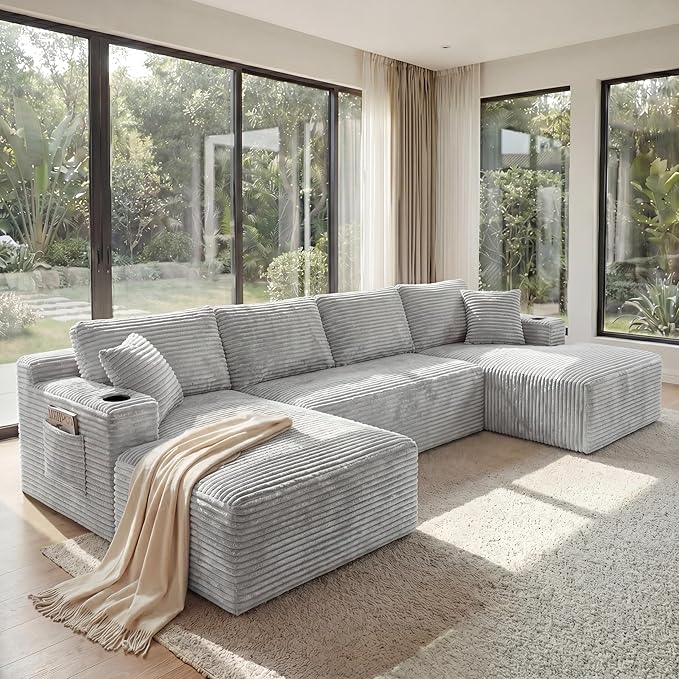 133" Oversized Cloud Boneless Sofa Couch with Chaise, Modern Corduroy Modular Sectional Sofa with Deep Seat, Comfy Couch with cupholders and Storage, No Assembly Required-Light Grey