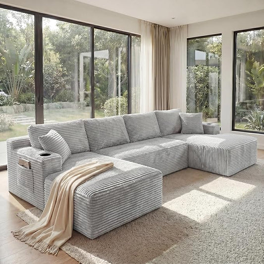 133" Oversized Cloud Boneless Sofa Couch with Chaise, Modern Corduroy Modular Sectional Sofa with Deep Seat, Comfy Couch with cupholders and Storage, No Assembly Required-Light Grey