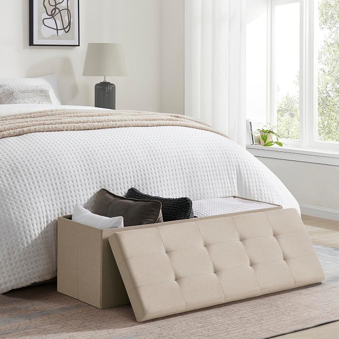Ornavo Home Folding Storage Ottoman, 43 Inch Extra Large Storage Bench with Lid, Foot Rest Stool for Bedroom, Living Room, Entryway, Tufted Linen Upholstered - Beige