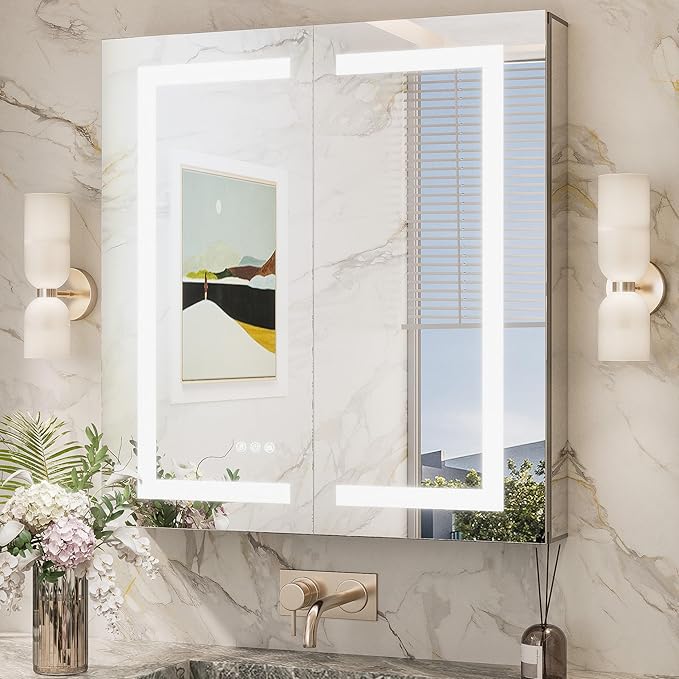 TokeShimi 30x32 Lighted Medicine Cabinet Mirror with Electrical Outlet, Led Medicine Cabinet with Lights Frontlit, Anti-Fog 3 Colors Dimmable Mirror with Storage for Bathroom, Wall Mounted/Recessed