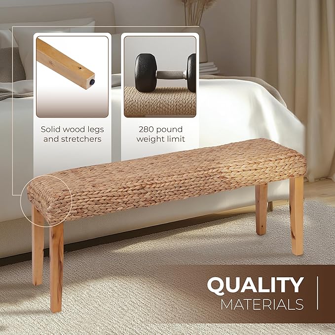 Solid Wood Acacia Indoor Bench with Natural Woven Seat, 47 Inch Wood Bench for Living Room or Entryway Benc, Bedroom End of Bed Bench or Dining Benches, Window Bench (Fishbone, Water Hyacinth)