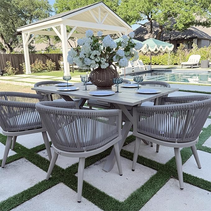 PURPLE LEAF Outdoor Dining Set for 8 All-Weather 9 Pieces Patio Aluminium Dining Table and Rope Weave Chairs Included Cushions for Backyard Deck Decor Kitchen Modern Patio Furniture Set Champagne