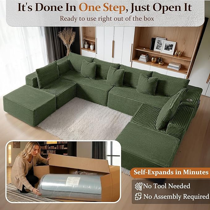 138" Cloud Sectional Couch, Comfort U Shaped Sofa for Living Room, Extra Deep Seats No Assembly, Minimalist Modular Couch, Corduroy (Olive Green, 8 Seats,U-Shape A)