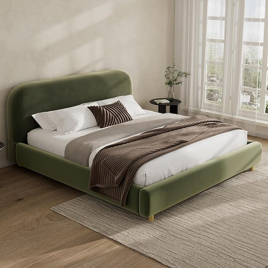 Merax Queen Size Velvet Fabric Upholstered Platform Bed with Curved Shaped Headboard, Wood Bed Frame with Solid Round Legs for Kids Teens Adults, Olive Green