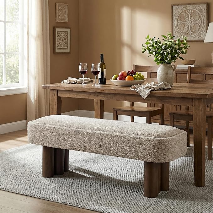 Christopher Knight Home Damas Boucle Upholstered Dining Bench, Wooden Entryway Bench, Long Sofa Footstool for Living Room, Bedroom End of Bed Bench, Khaki+Walnut