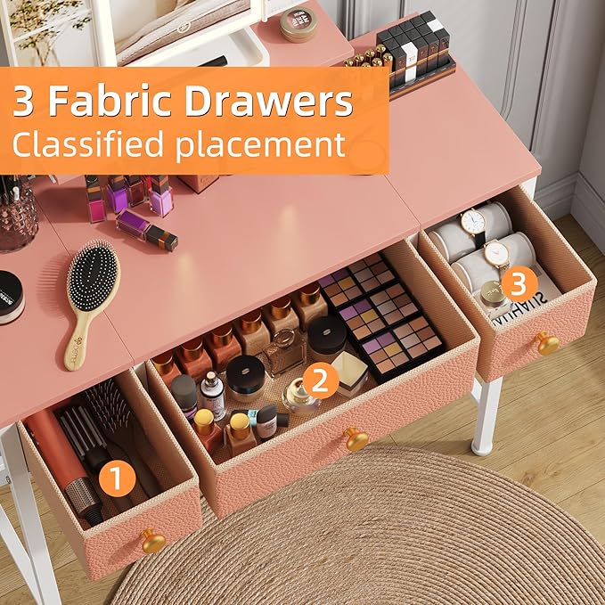 HIGDBFE Small Makeup Vanity Desk 27.5''W with Mirror and Lights, Vanity Desk with 3 Fabric Drawers and Height-Adjustable Stand, Vanity Table for Girls Gifts, Bedroom and Small Spaces, Pink