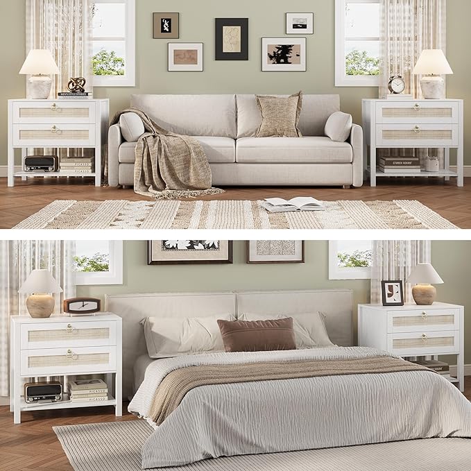 Xixini Nightstand wih 2 Drawers & Open Shelf, 27" Wide Rattan Boho Bedside Table with Brass Knobs, Small Mid Century Modern Night Stand, Wooden End Side Table for Bedroom, Living Room, Closet, White