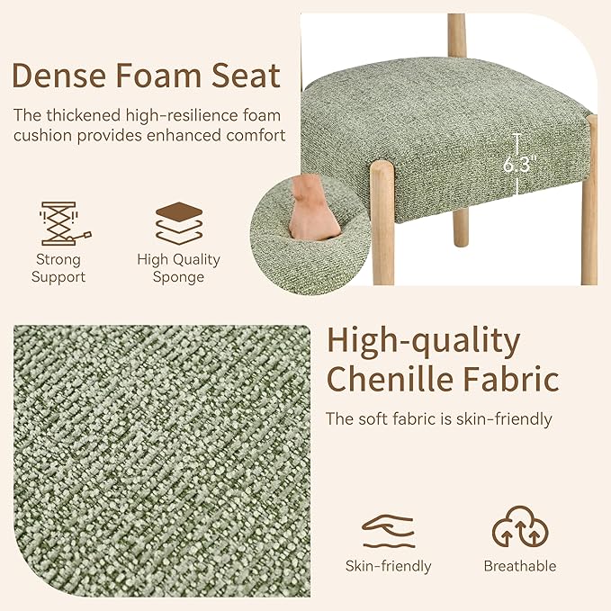 VKNOW Upholstered Dining Room Set for 4, Mid-Century Modern Dining Chairs Set of 2 and Dining Bench with Rubberwood Legs, for Dining Room, Living Room, Kitchen, Green