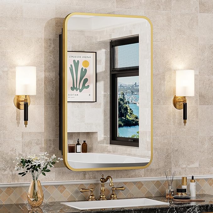 ACEMIRO 16x24 Inch Mirror Medicine Cabinet for Bathroom Gold Metal Frame Bathroom Medicine Cabinet with Mirror Recessed or Wall Mounted