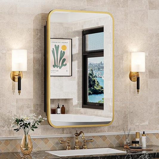 ACEMIRO 16x24 Inch Mirror Medicine Cabinet for Bathroom Gold Metal Frame Bathroom Medicine Cabinet with Mirror Recessed or Wall Mounted