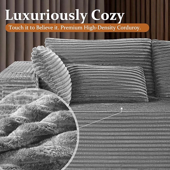 138" Cloud Sectional Couch, Comfort U Shaped Sofa for Living Room, Extra Deep Seats No Assembly, Minimalist Modular Couch, Corduroy (Light Grey, 6 Seats,U-Shape B)