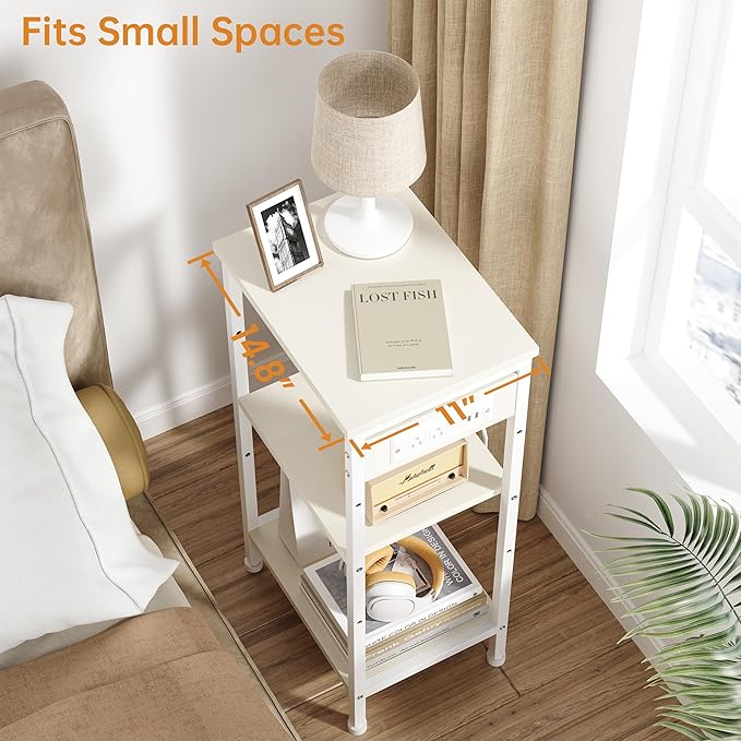 Asgolion Tall End Table with Charging Station, 3 Tier Narrow Tall Nightstand with Storage, Slim Side Table for Bedroom, Living Room, Nursery, Office, Cream White