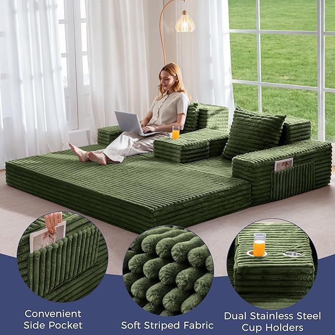 MAXYOYO Loveseat Sofa Bed, Striped Faux Fur Foldable Floor Sofa Couch in A Box, 4 in 1 Convertible Boneless Couch with 2 Cup Holders, Folding Recliner Sleeper Chair, No Assembly Required, Pine Green