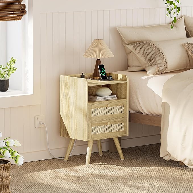 SUPERJARE 2 Drawer Night Stand with Charger Station, Boho Rattan Nightstand Set of 2, 25.2 Inch Tall Bed Side Table with Solid Wood Feet, End Table, Open Storage, Synthetic Rattan, for Dorm, Natural
