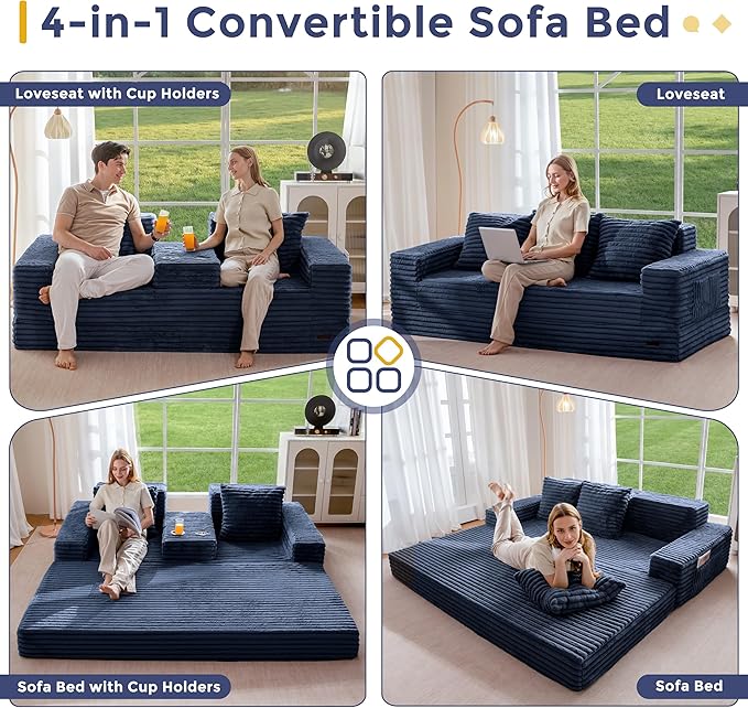 MAXYOYO Loveseat Sofa Bed, Striped Faux Fur Foldable Floor Sofa Couch in A Box, 4 in 1 Convertible Boneless Couch with 2 Cup Holders, Folding Recliner Sleeper Chair, No Assembly Required, Navy