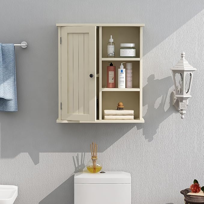 Treocho Bathroom Wall Cabinet, Medicine Cabinet with Door and 3 Open Shelves, Wall Mounted Storage Organizer for Bathroom, Kitchen, Living Room, Yellow