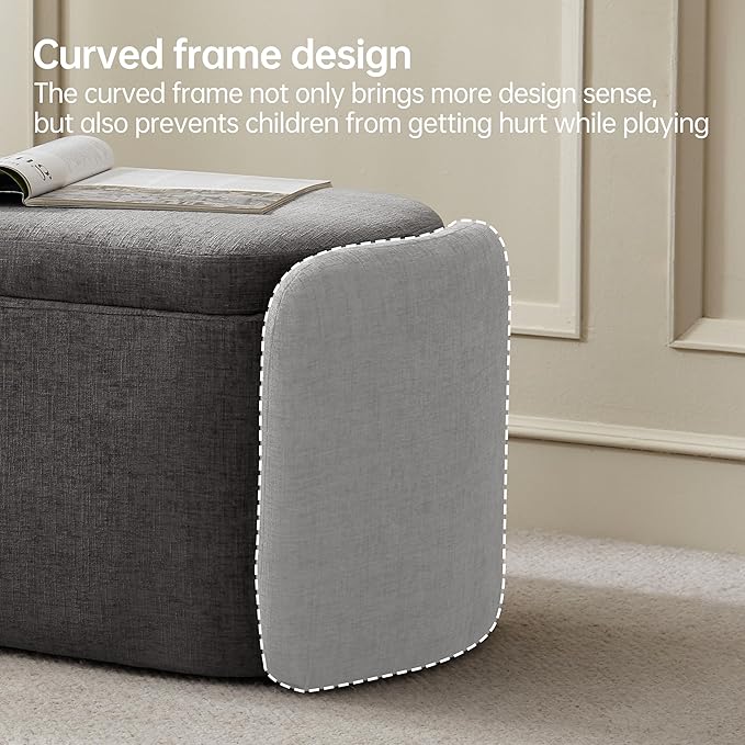 VKNOW 46" Oval Storage Ottoman Bench, Upholstered End of Bed Bench Ottomans Bench Foot Rest, Sherpa Storage Bench for Bedroom, Living Room and Hallway, Dark Grey