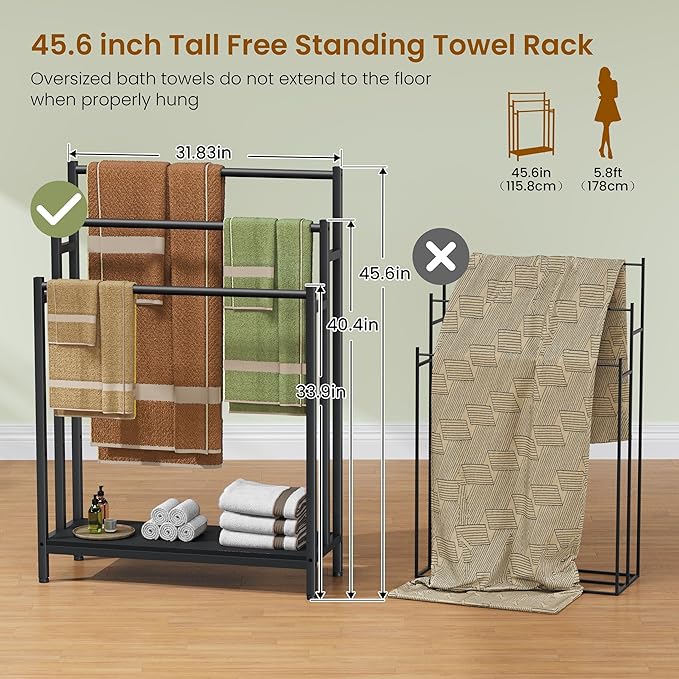 46" Extra Large Freestanding Towel Rack Stand for Bathroom, 3 Tier Blanket Ladder Holder, Outdoor Bath Towel Drying Rack with Shelf, Next to Tub or Shower, Quilt Rack, Black