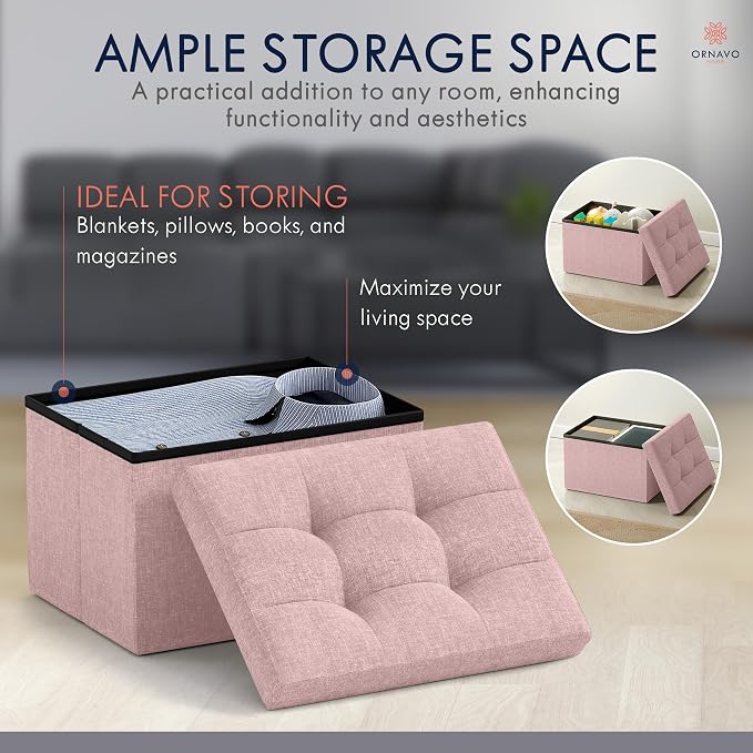 Ornavo Home Small Storage Ottoman Foldable Collapsible Rectangle Linen Ottoman Foot Rest Stool Seat, for Living Room, Bedroom, Home Office, Dorm - 12 x 16 x 12, Pink