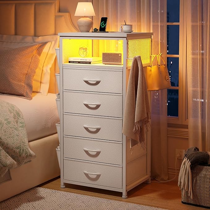 EnHomee Tall Nightstand with 5 Drawers, Night Stand with Charging Station and LED Light, Bedside Table with Extra Side Bag & Hooks, Dorm, Bedroom, Closet, Hallway, Entryway, Save Space, White