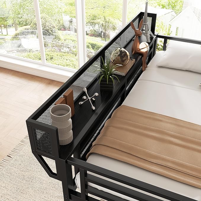 KEIKI Twin Size Metal Loft Bed Frame with Convertible Staircase, Built-in Storage Shelves & Wardrobe, Loft Bed with Solid Slats & Guardrail, No Box Spring Required, Easy Assembly, for Bedroom, Black