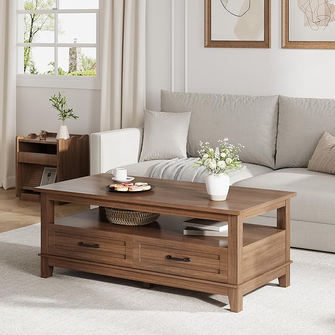 IDEALHOUSE Brown Coffee Table with Drawers, 47.2” Rustic Center Table with Open Shelf and 6 Support Legs, Large Living Room Table with Storage