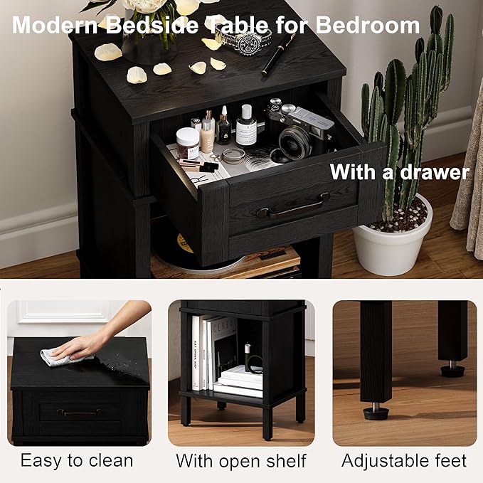 Farmhouse Nightstand with Drawer, Small Wood Side Table, Wooden Bedroom Nightstand, Wood Night Stand, Black Bedside Table with Storage, Black End Table for Living Room LET512B