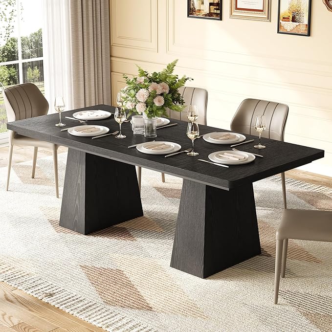 LITTLE TREE Dining Table for 4-6 People, Wooden Table, Rectangle Furniture with Heavy Duty Legs, Modern Kitchen Table for Home, Dining Room, Black
