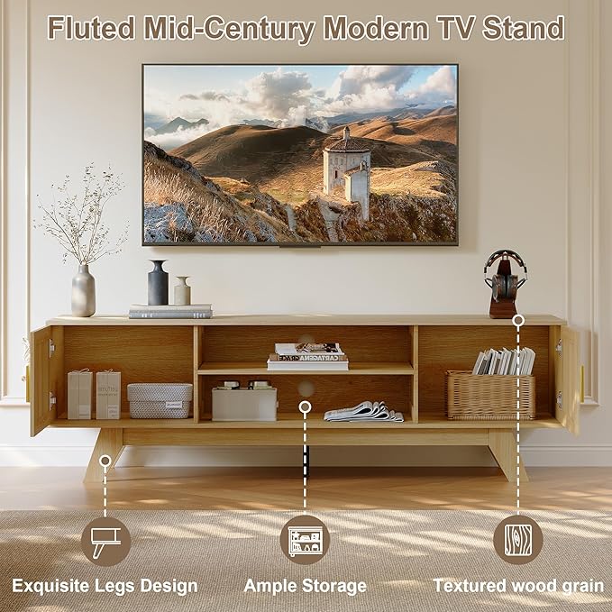ChooChoo 59.5" Fluted TV Stands for 65 Inch TV, Mid Century Modern Entertainment Center with Storage and Adjustable Shelf, Long TV Console Media Table for Living Room, Bedroom, Natural Oak