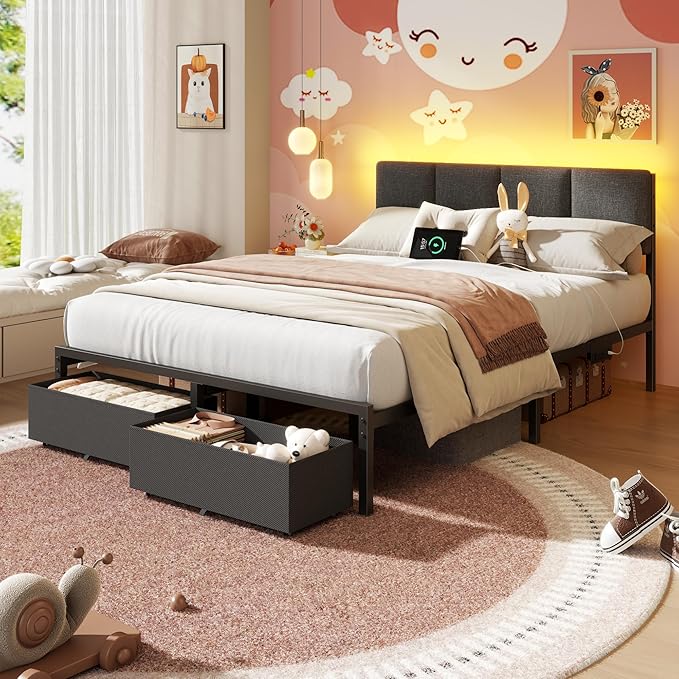 Furnulem Full Size Bed Frame with Headboard, Upholstered Full Bed Frame with LED Light, USB Charging Station, Platform Bedframe with 2 Fabric Underbed Storage Drawers, No Spring Box Needed