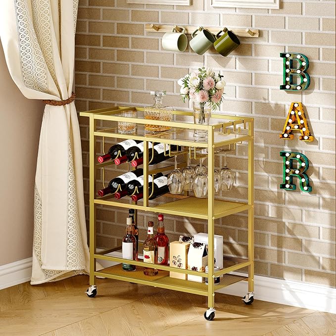MAHANCRIS Bar Cart for Home, 3-Tier Serving Cart with Wheels and Handle, Beverage Cart with Wine Rack and Glass Holders, Rolling Wine Cart for Kitchen, Dining Room, Gold RCJ61B01