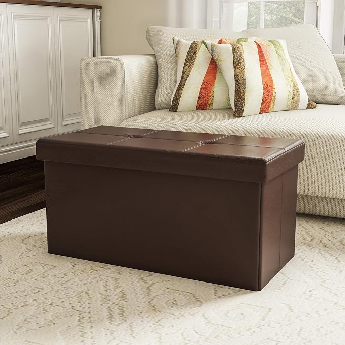 Storage Ottoman - 30-Inch Folding Faux Leather Footrest, Linen Chest, or Bench with Removable Bin for Living Room or Bedroom by Lavish Home (Brown)