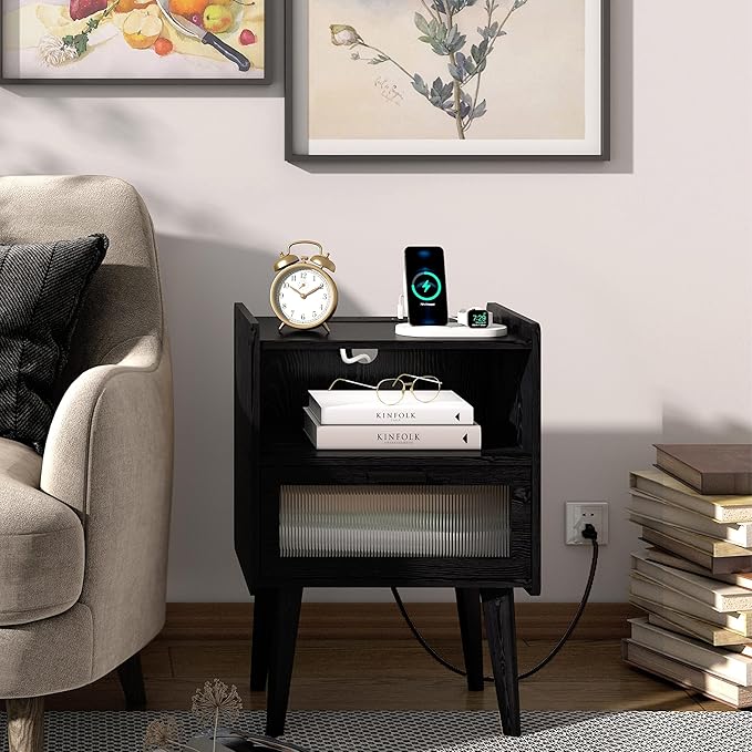 MMEOLUOOK Nightstand with Charging Station, Bedside Tables with Glass Decorative Door, Black Wood Grain End Table, Side Table with 2 Tiers Storage Space for Bedroom Living Room CAMLBZ07XE