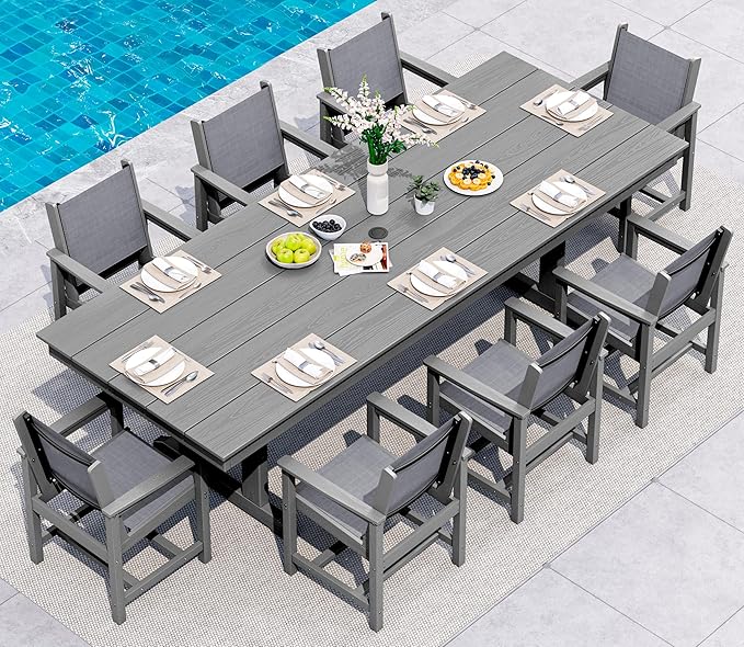 SERWALL 9 Piece Outdoor Dining Set, 84" HDPE Outdoor Large Table and Textilene Sling Chairs for 8，All Weather Patio Dining Furniture Set with Umbrella Hole for Backyard, Garden, Gray