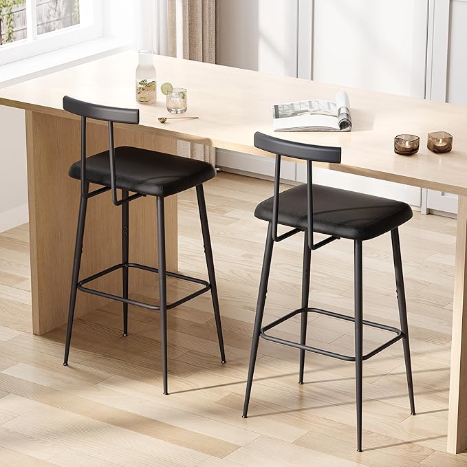 Bar Stools Set of 2, Tall Bar Stools with Backrest and Footrest, Counter Height Bar Chairs, Industrial Barstools with PU Leather Cushion, for Kitchen, Dining Room, Bar, Cafe (Black) KBS515B