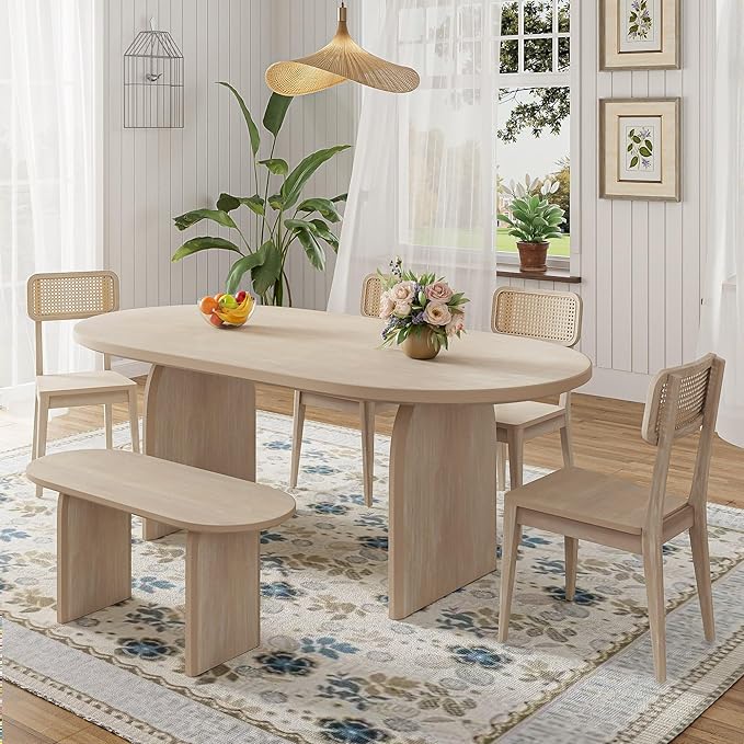 Merax 6 Pieces Modern Dining Set for 6, 71" Oval Rubberwood Dining Table with Bench and 4 Rattan Backrest Chairs for Dining Room, Living Room, Kitchen, Natural