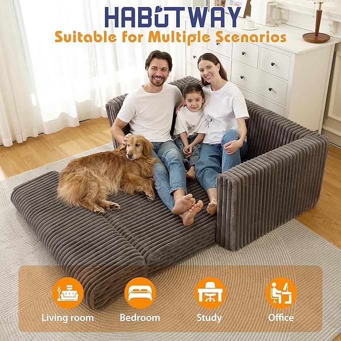 HABUTWAY 49.8" Loveseat Boneless Couch, 4-in-1 Convertible Sofa Bed, Plush Fur Folding Futon Sofa Bed Couches Without Pillow for Living Room, High-Density Foam Support, No Assembly Required, Grey